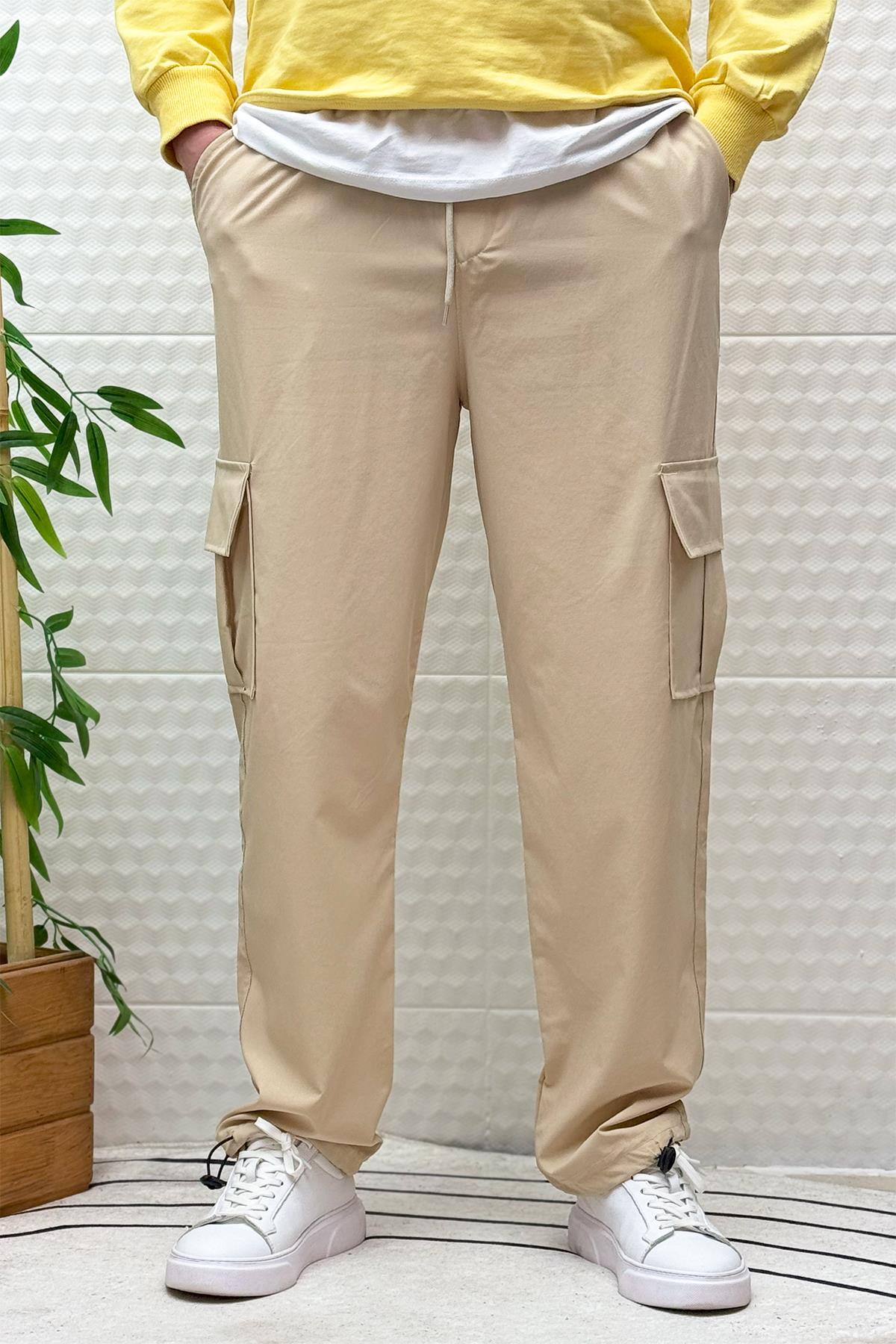 Erkek Full Likralı Rahat Kesim Kargo Cepli  Baggy Jogger Pantolon - Bej