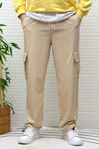 Erkek Full Likralı Rahat Kesim Kargo Cepli  Baggy Jogger Pantolon - Bej