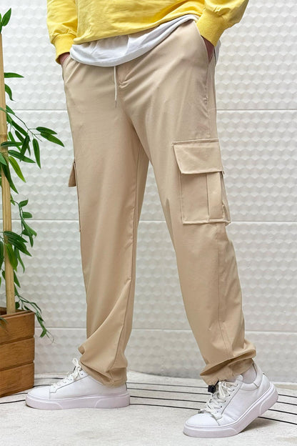 Erkek Full Likralı Rahat Kesim Kargo Cepli  Baggy Jogger Pantolon - Bej