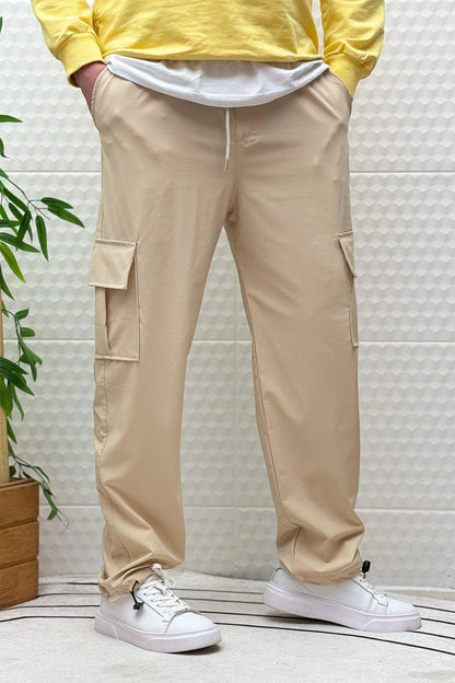 Erkek Full Likralı Rahat Kesim Kargo Cepli  Baggy Jogger Pantolon - Bej