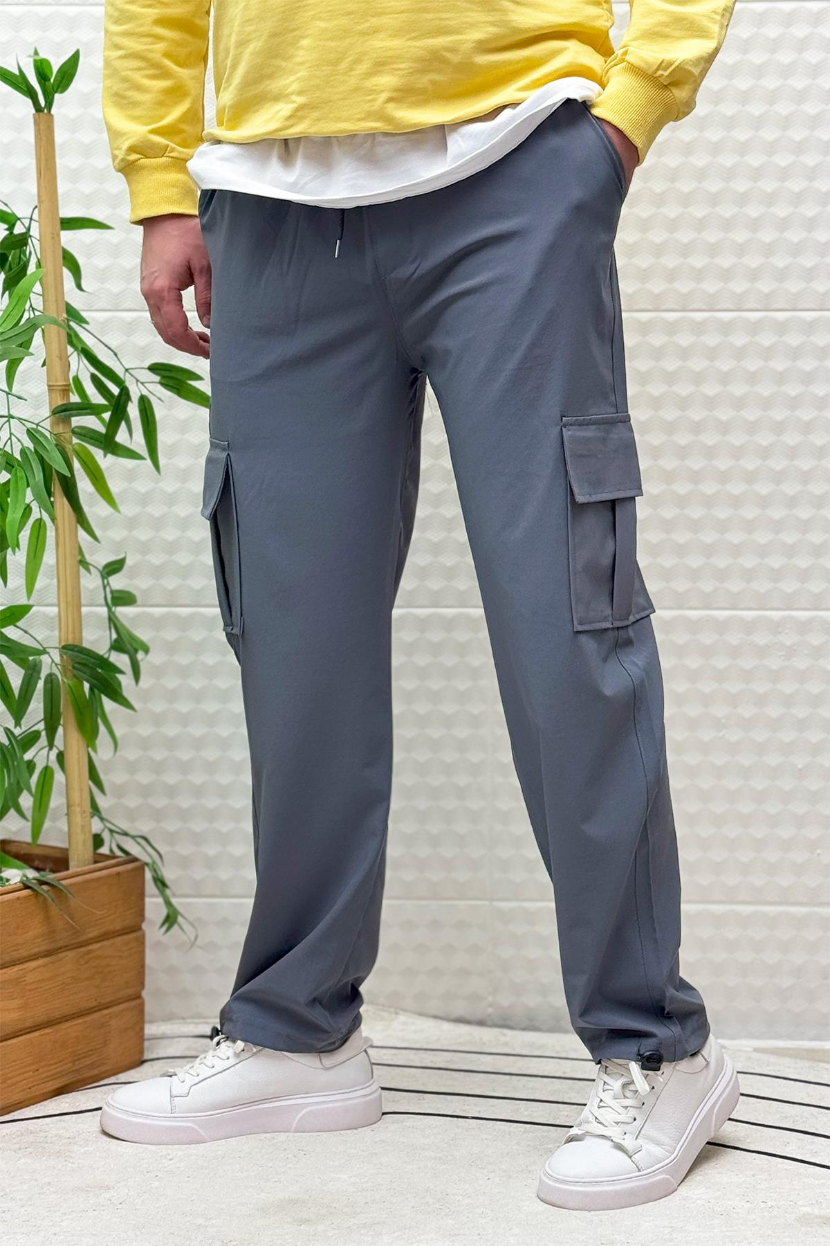 Erkek Full Likralı Rahat Kesim Kargo Cepli  Baggy Jogger Pantolon - Koyu Gri