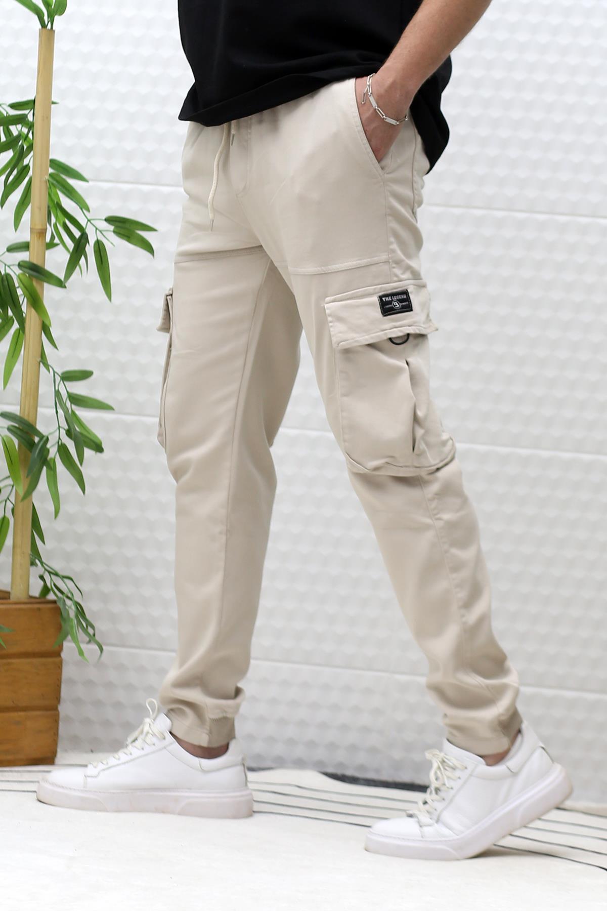 Erkek Gabardin Kumaş Kargo Pantolon - Bej