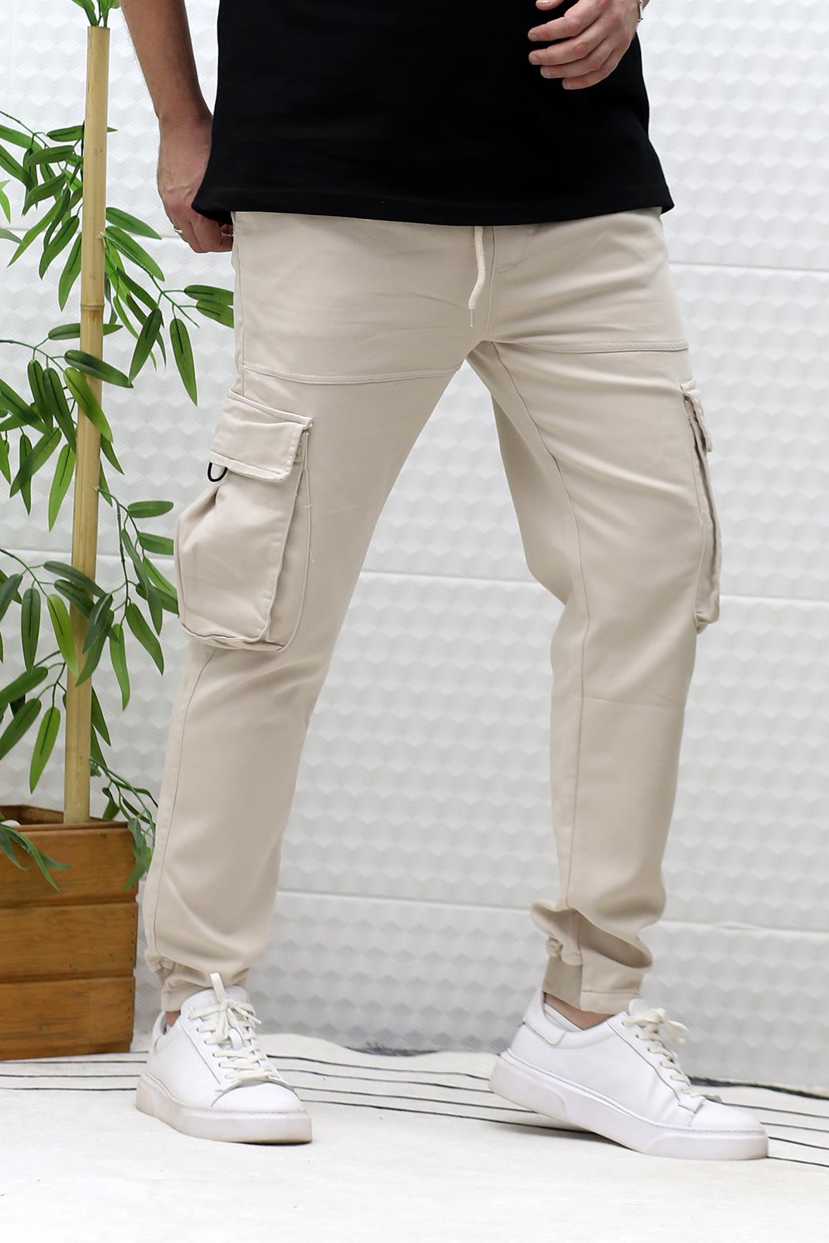 Erkek Gabardin Kumaş Kargo Pantolon - Bej