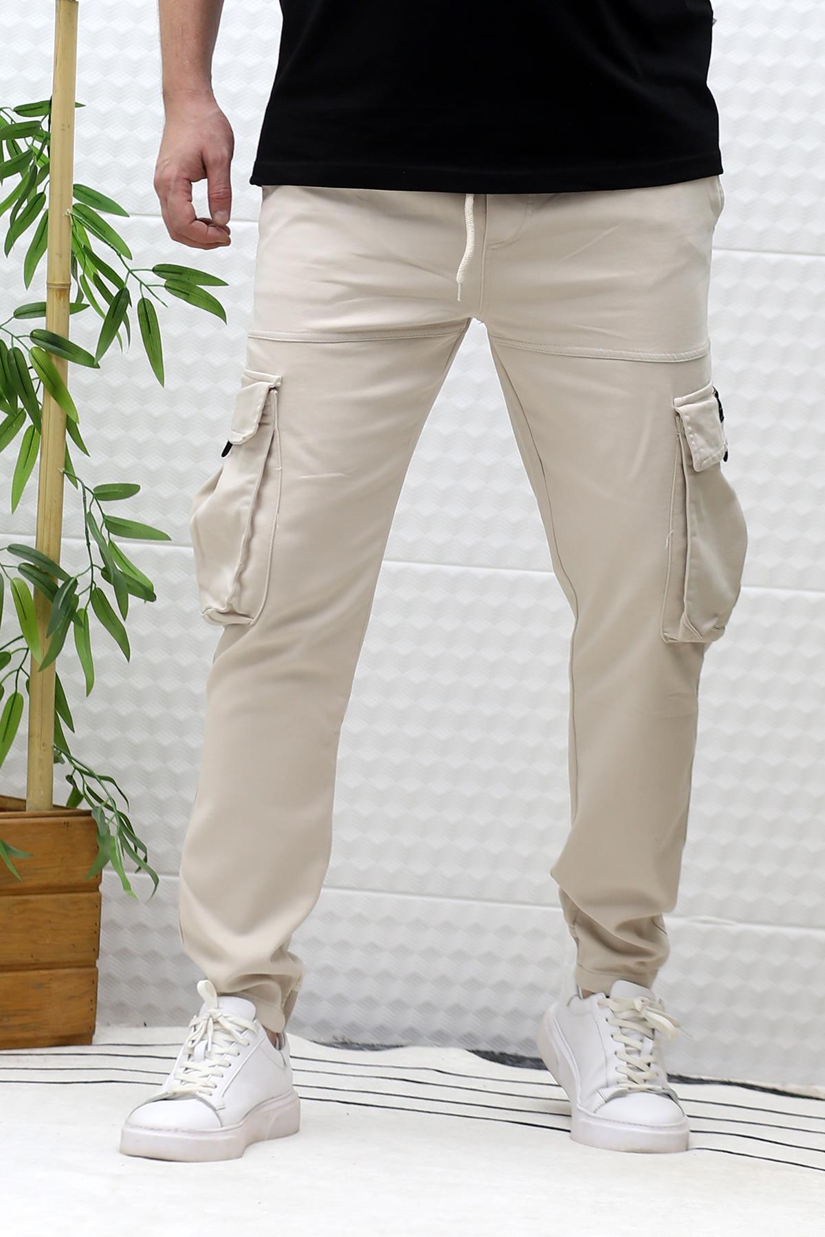 Erkek Gabardin Kumaş Kargo Pantolon - Bej
