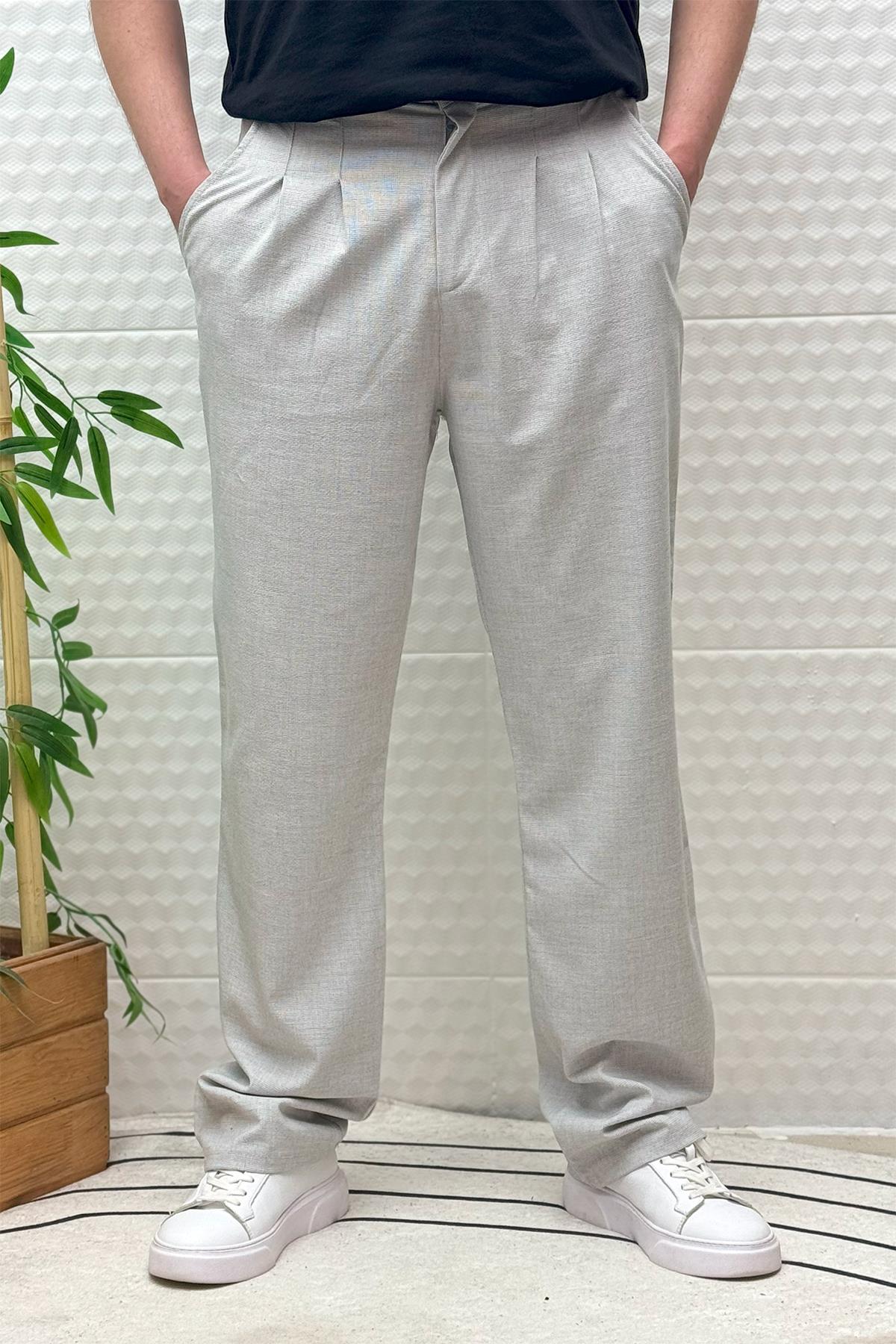 Erkek Gofre Keten Tiril Tiril Kumaş Baggy Pantolon - Gri