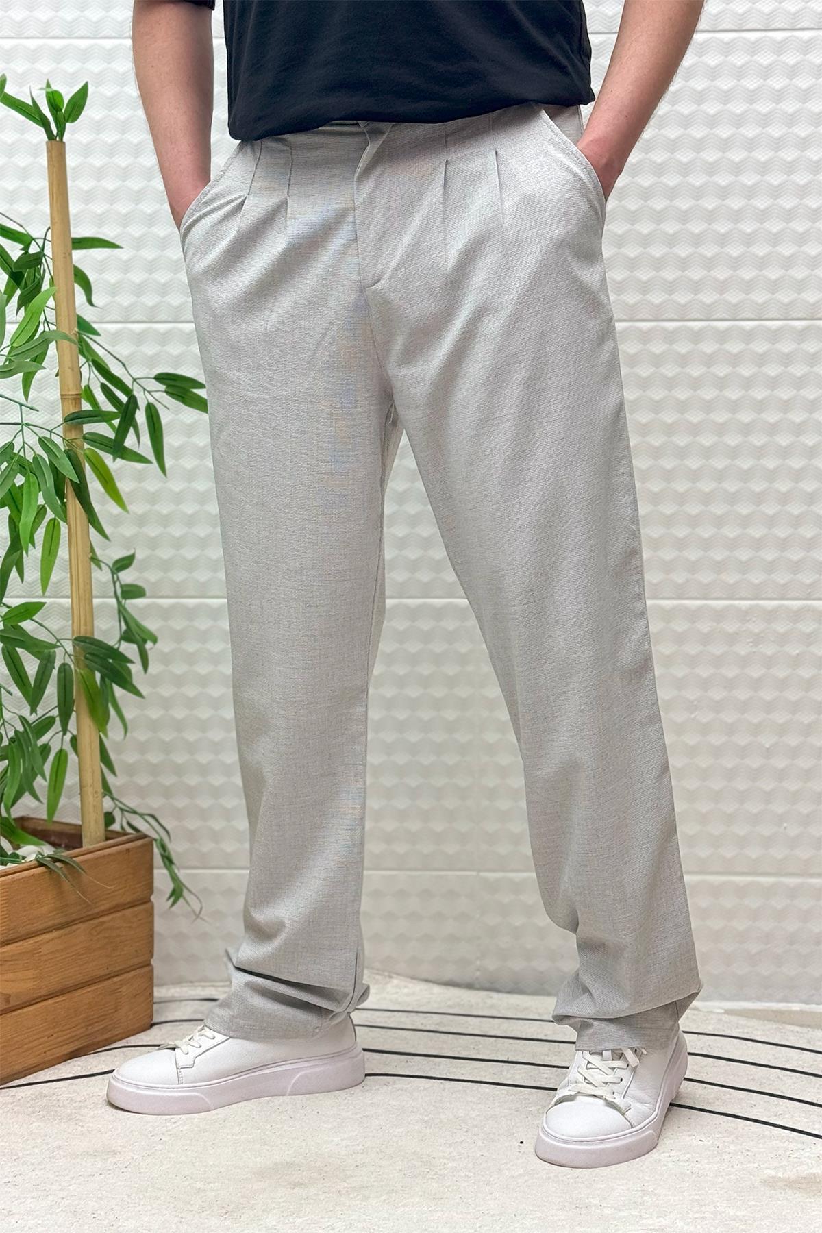 Erkek Gofre Keten Tiril Tiril Kumaş Baggy Pantolon - Gri