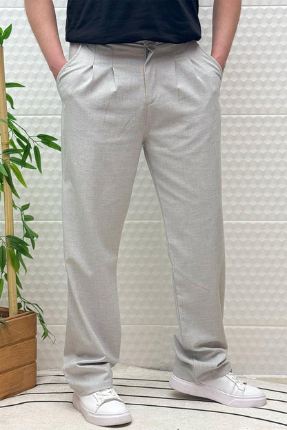 Erkek Gofre Keten Tiril Tiril Kumaş Baggy Pantolon - Gri