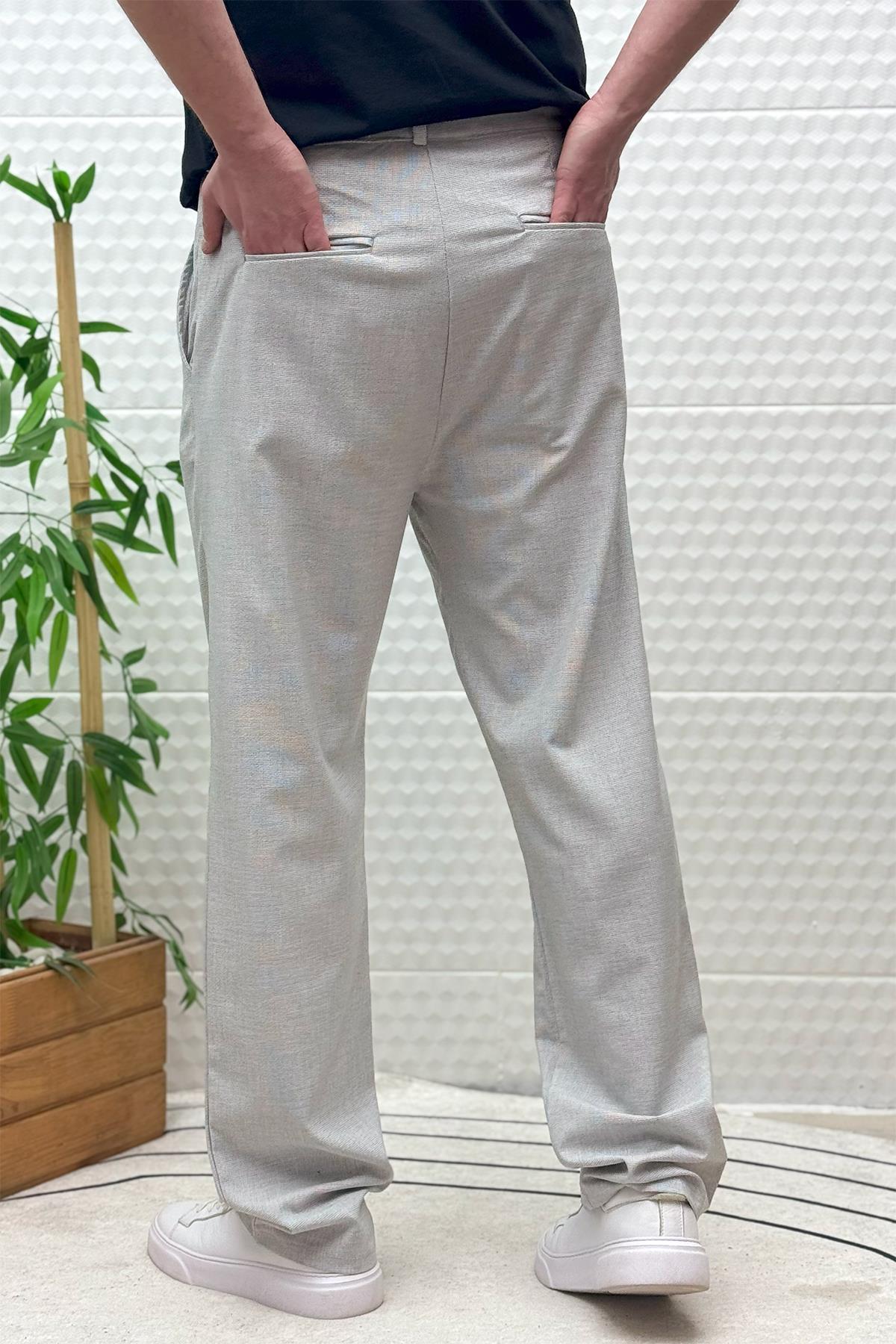 Erkek Gofre Keten Tiril Tiril Kumaş Baggy Pantolon - Gri
