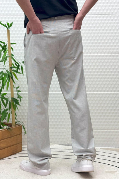 Erkek Gofre Keten Tiril Tiril Kumaş Baggy Pantolon - Gri
