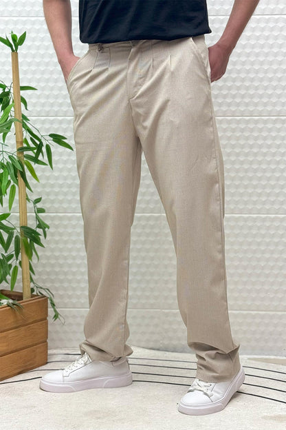 Erkek Gofre Keten Tiril Tiril Kumaş Baggy Pantolon - Bej