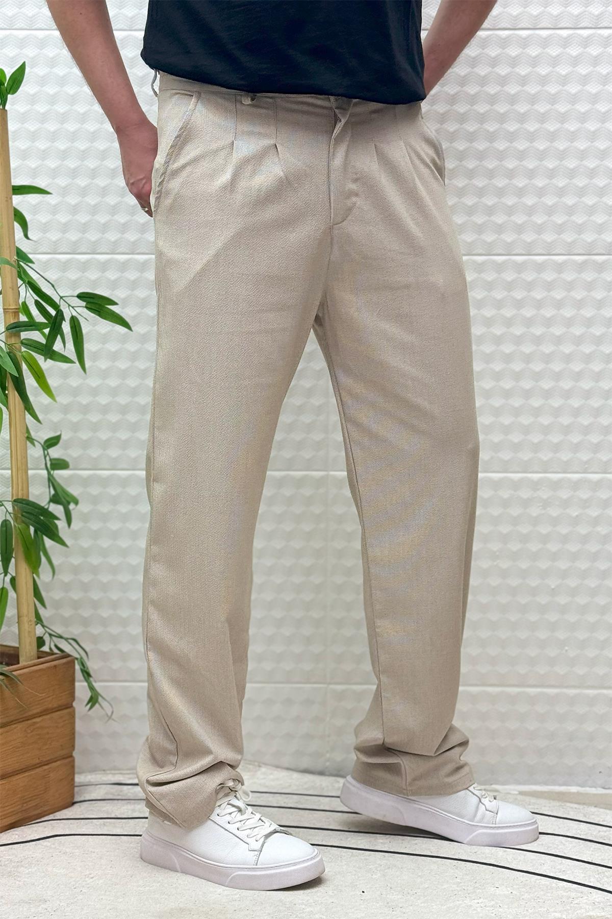 Erkek Gofre Keten Tiril Tiril Kumaş Baggy Pantolon - Bej