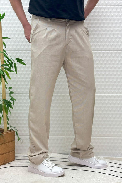 Erkek Gofre Keten Tiril Tiril Kumaş Baggy Pantolon - Bej