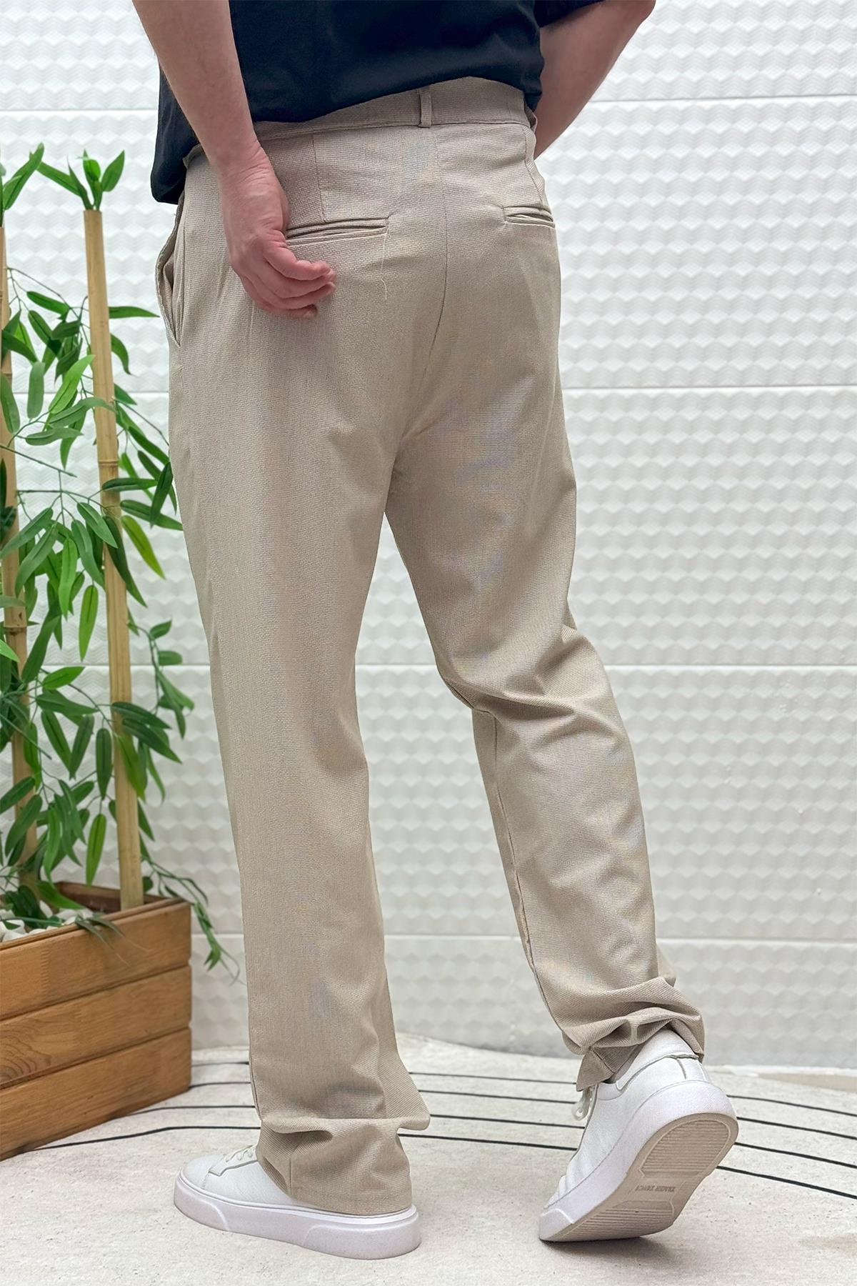 Erkek Gofre Keten Tiril Tiril Kumaş Baggy Pantolon - Bej