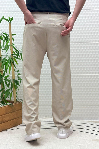 Erkek Gofre Keten Tiril Tiril Kumaş Baggy Pantolon - Bej