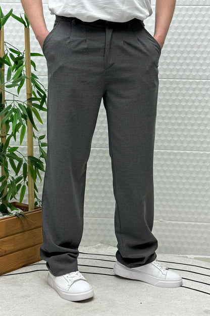 Erkek Gofre Keten Tiril Tiril Kumaş Baggy Pantolon - Antrasit