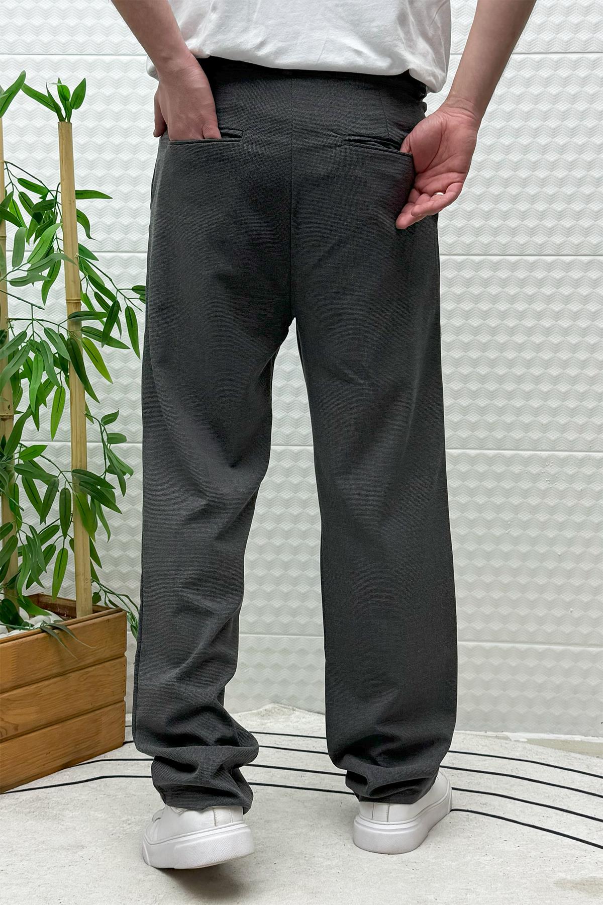 Erkek Gofre Keten Tiril Tiril Kumaş Baggy Pantolon - Antrasit