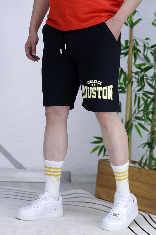 Erkek Houston Baskılı Yazlık penye Şort - Siyah