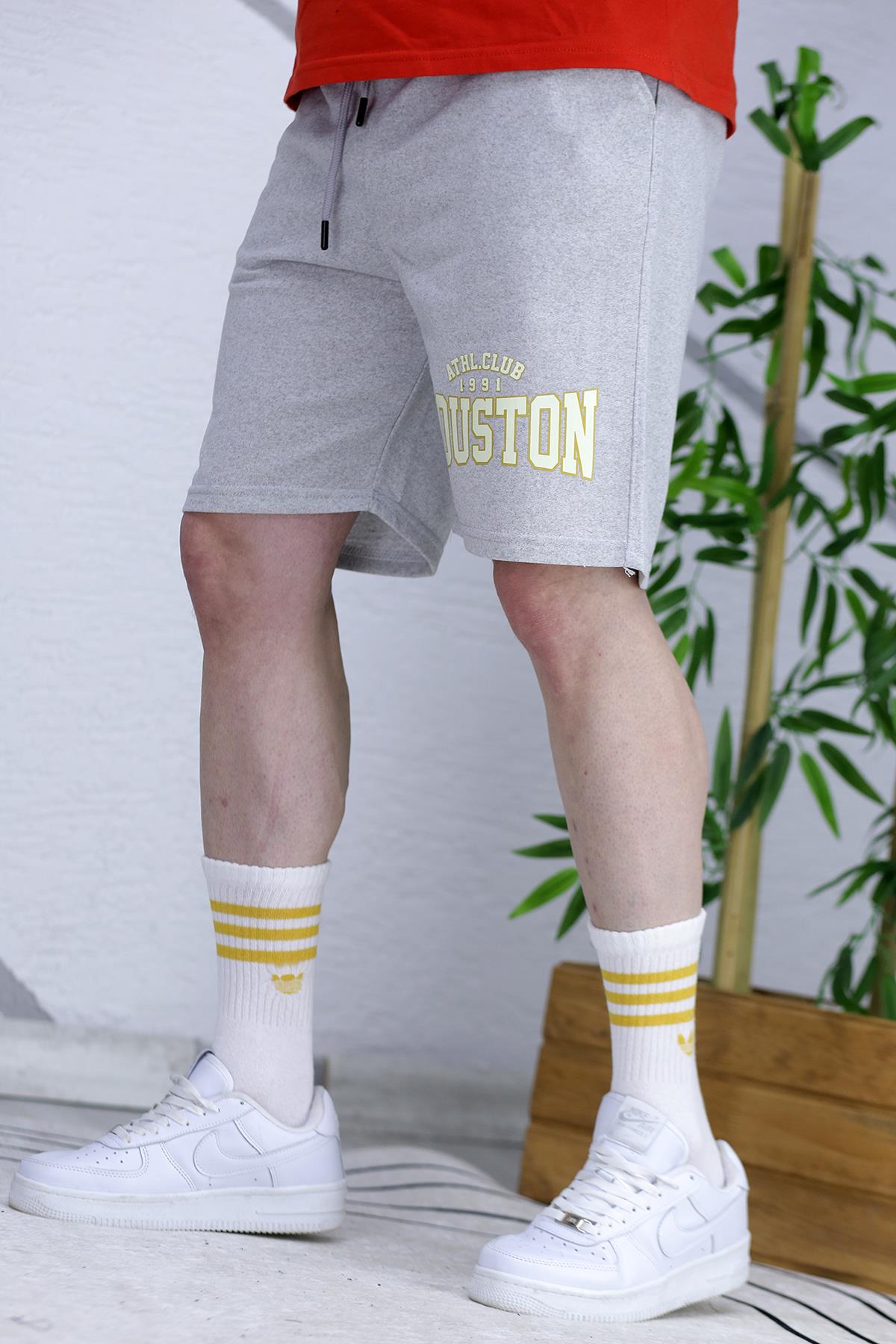 Erkek Houston Baskılı Yazlık penye Şort - Gri