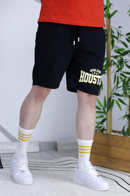 Erkek Houston Baskılı Yazlık penye Şort - Siyah