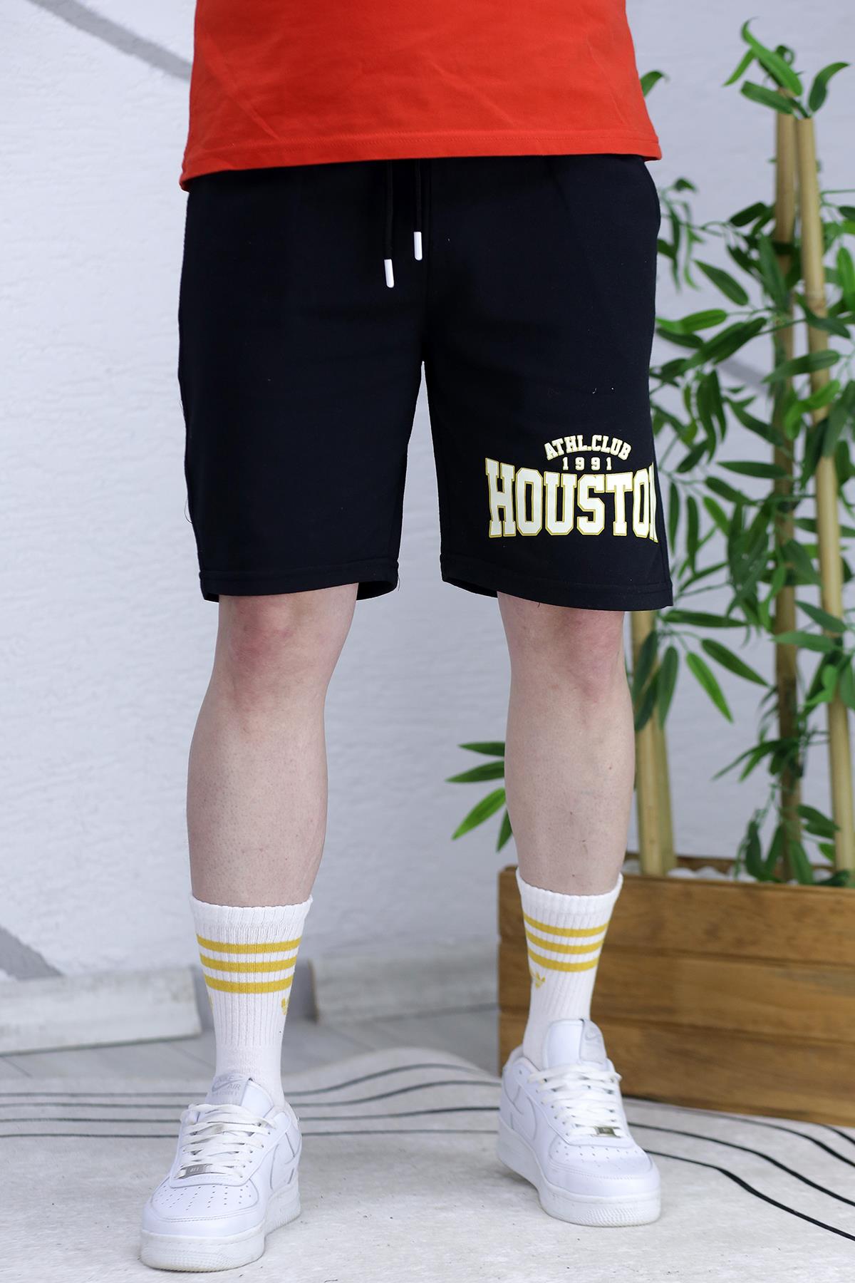 Erkek Houston Baskılı Yazlık penye Şort - Siyah