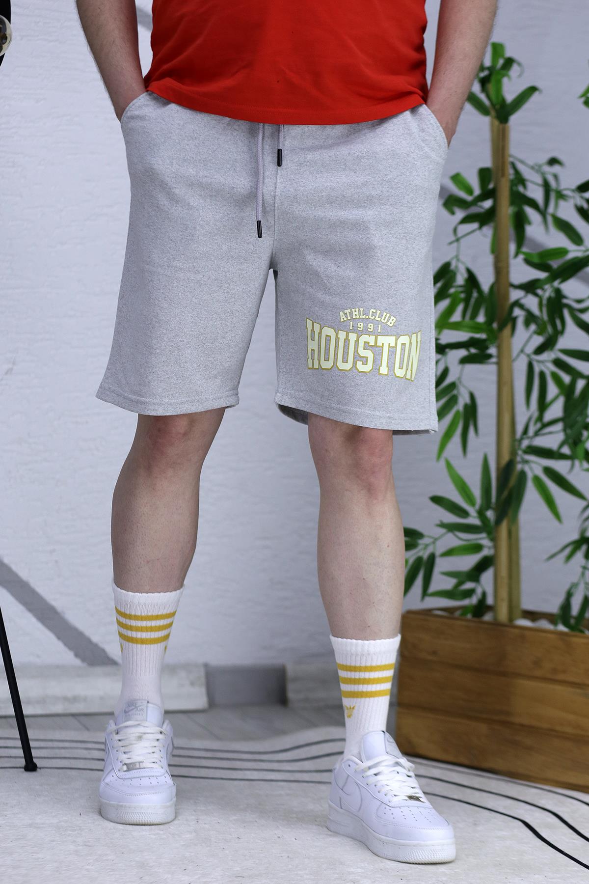 Erkek Houston Baskılı Yazlık penye Şort - Gri