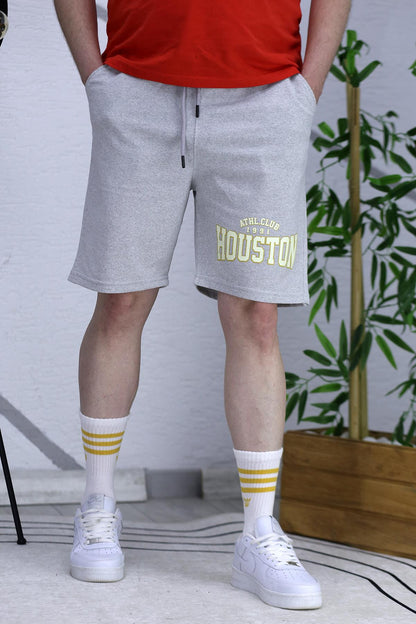 Erkek Houston Baskılı Yazlık penye Şort - Gri