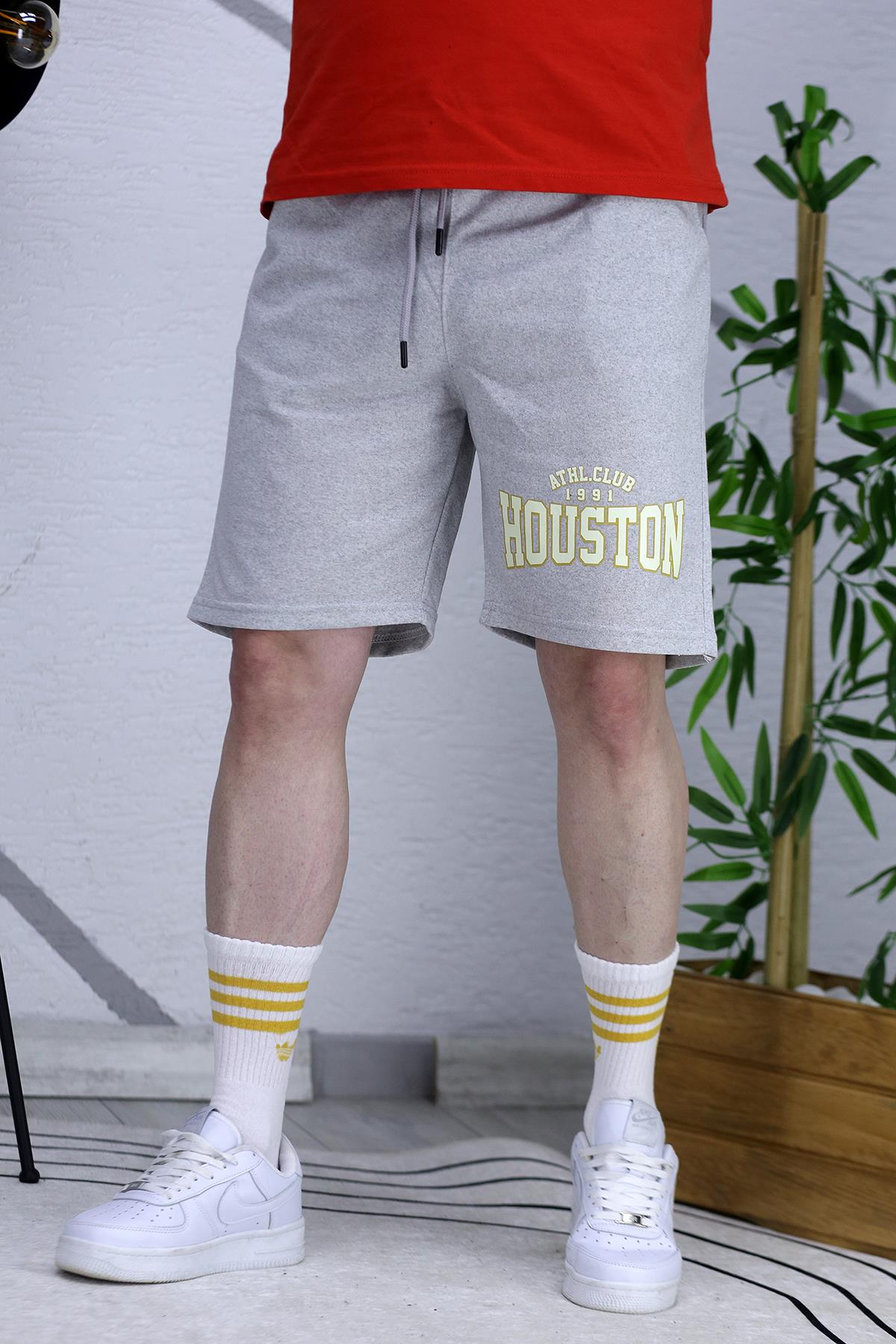 Erkek Houston Baskılı Yazlık penye Şort - Gri