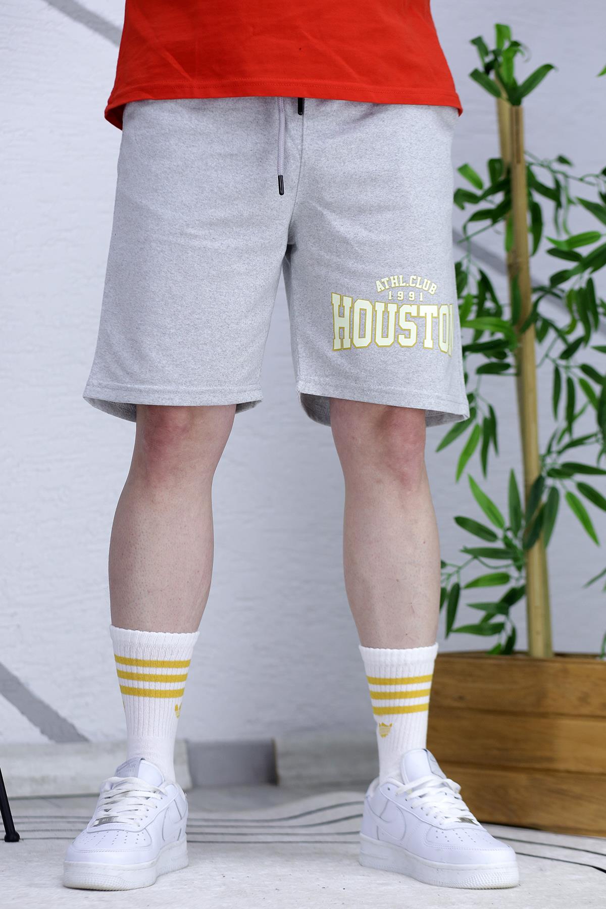 Erkek Houston Baskılı Yazlık penye Şort - Gri