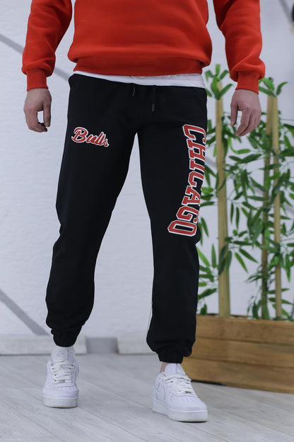 Chicago Baskılı Erkek İnce Yazlık Eşofman Altı 04 - Siyah