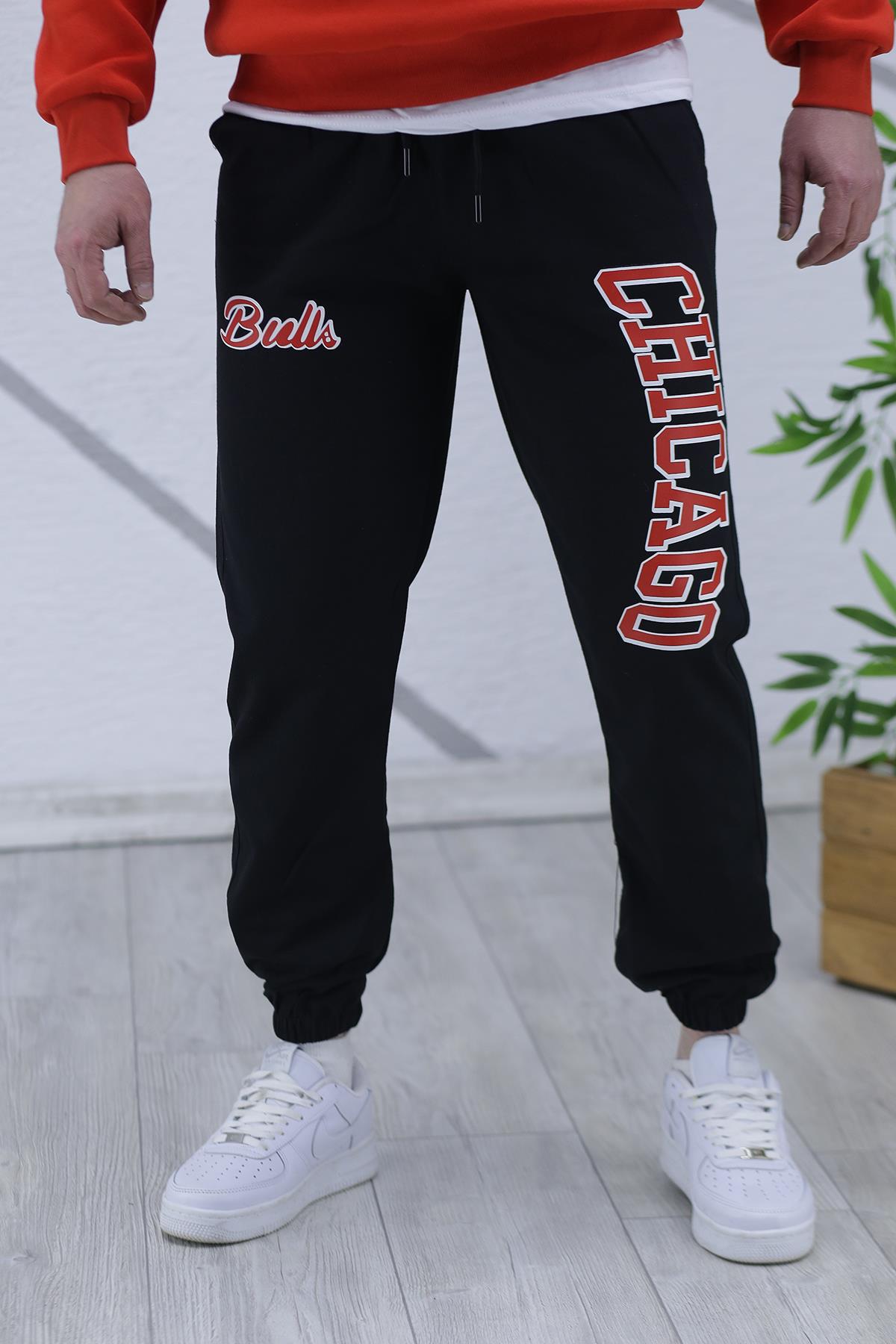 Chicago Baskılı Erkek İnce Yazlık Eşofman Altı 04 - Siyah