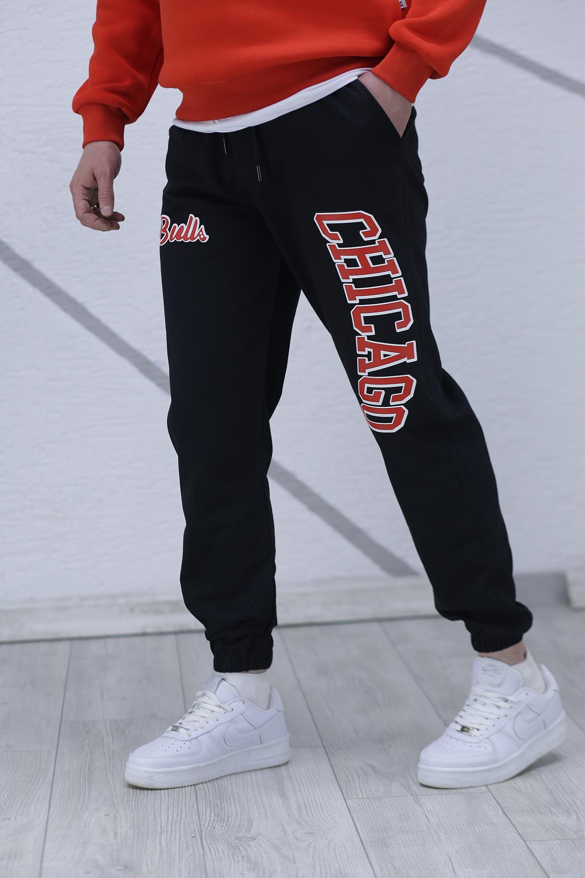 Chicago Baskılı Erkek İnce Yazlık Eşofman Altı 04 - Siyah