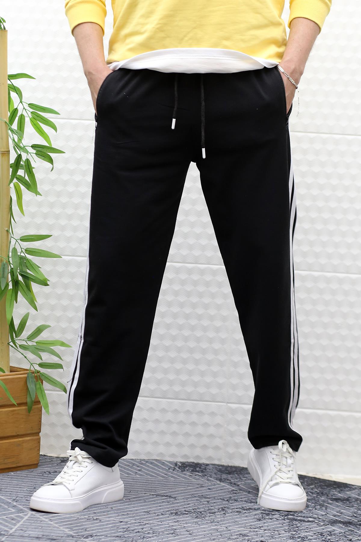 Erkek İnce Yazlık Ful Şertili Düz Paça Eşofman Altı - Siyah