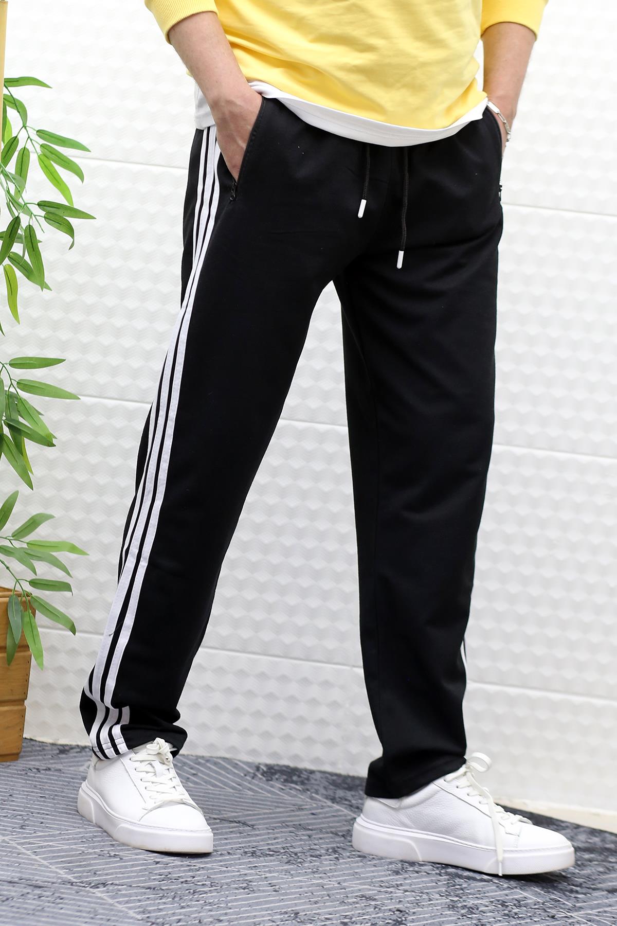 Erkek İnce Yazlık Ful Şertili Düz Paça Eşofman Altı - Siyah