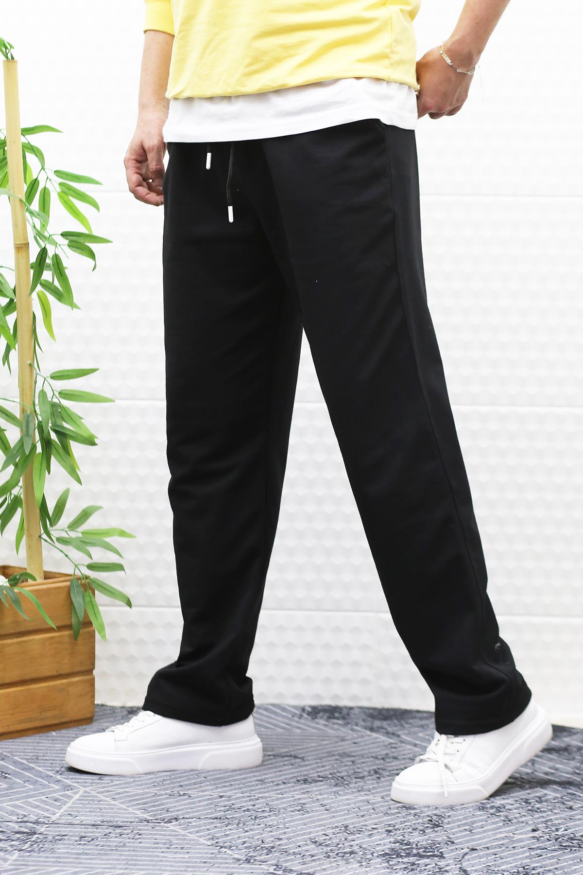 Erkek İnce Yazlık Ful Şertili Düz Paça Eşofman Altı - Siyah