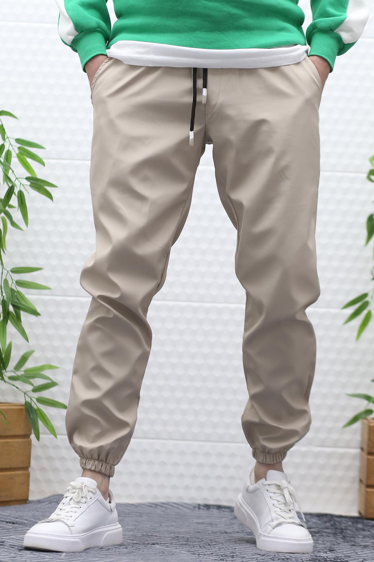 Erkek Jagger Pantolon Paraşüt Kumaş Su Tutmaz Rüzgar Geçirmez Paça Lastikli - Bej