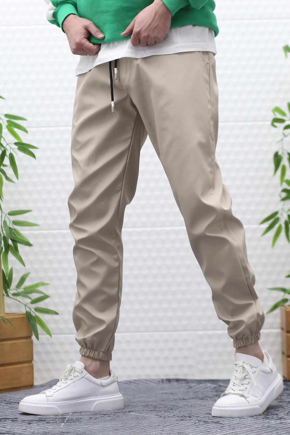 Erkek Jagger Pantolon Paraşüt Kumaş Su Tutmaz Rüzgar Geçirmez Paça Lastikli - Bej