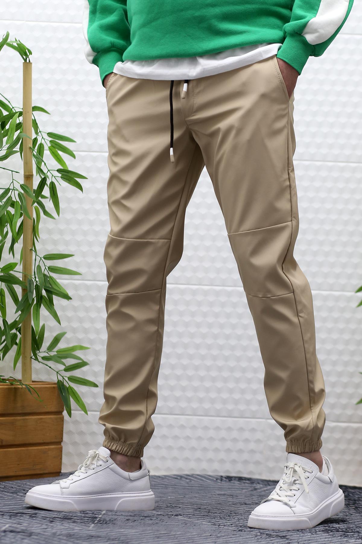 Erkek Jagger Pantolon Paraşüt Kumaş Su Tutmaz Rüzgar Geçirmez Parçalı Model - Sütlü Kahve