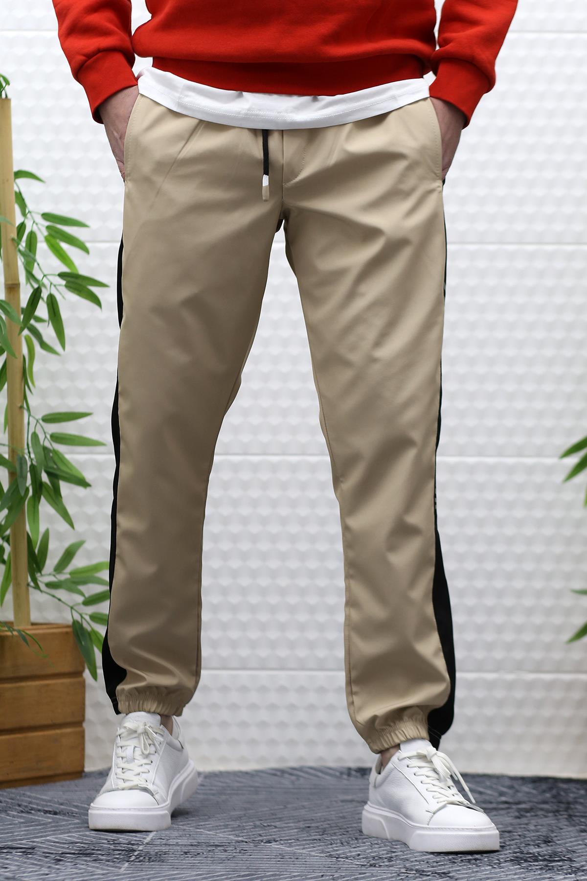 Erkek Jagger Pantolon Paraşüt Kumaş Su Tutmaz  Rüzgar Geçirmez Yan Garnili - Sütlü Kahve