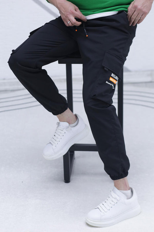 Erkek Jogger Kargo Cepli Paraşüt Pantalon (DAR KESİM) - Siyah