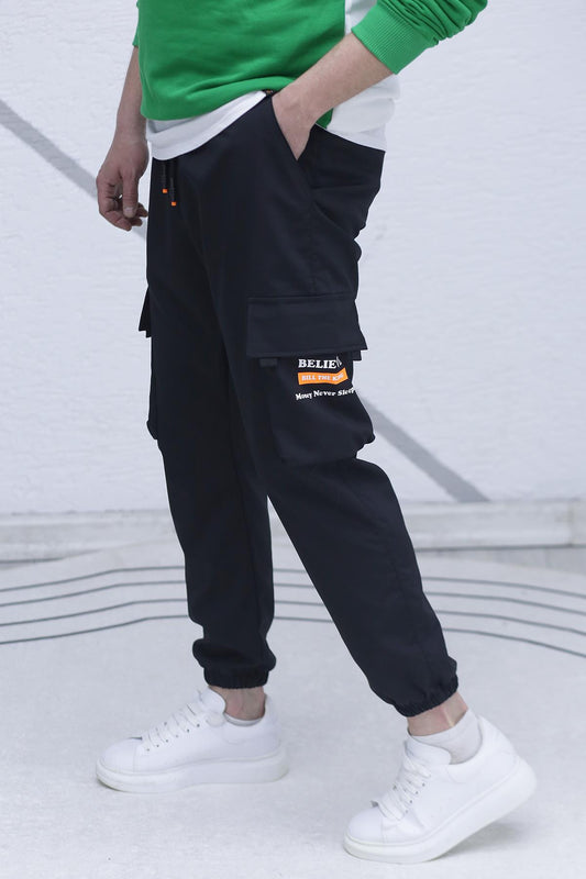 Erkek Jogger Kargo Cepli Paraşüt Pantalon (DAR KESİM) - Siyah
