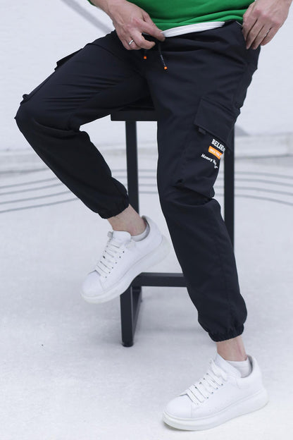 Erkek Jogger Kargo Cepli Paraşüt Pantalon (DAR KESİM) - Siyah
