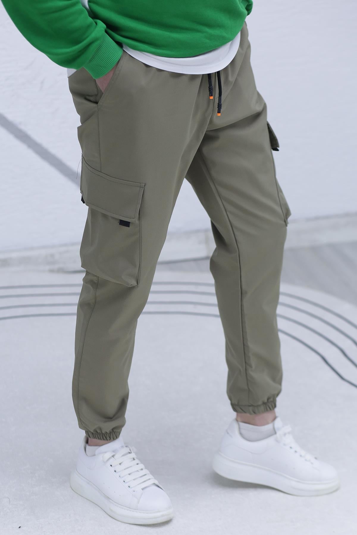 Erkek Jogger Kargo Cepli Paraşüt Pantalon (DAR KESİM) - Haki Yeşil