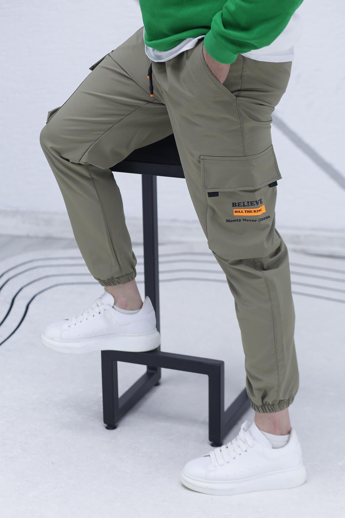 Erkek Jogger Kargo Cepli Paraşüt Pantalon (DAR KESİM) - Haki Yeşil