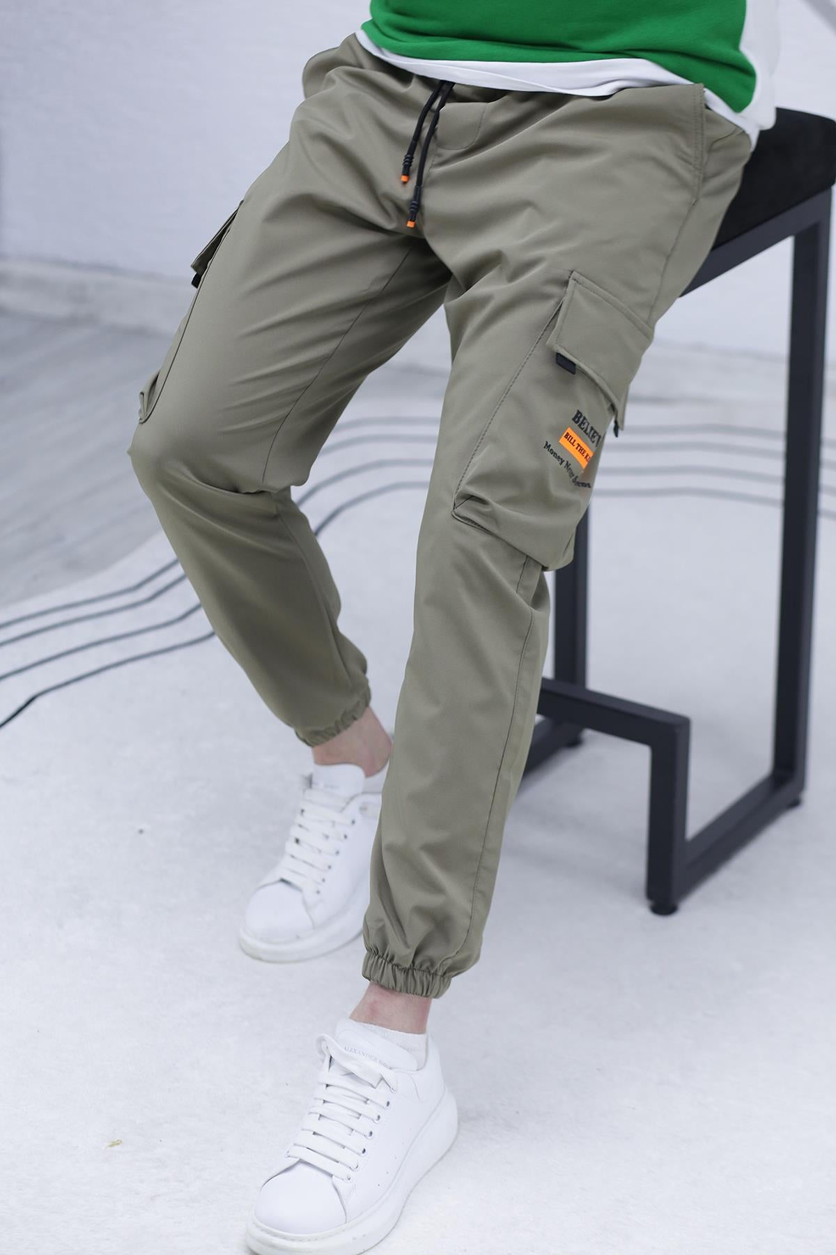 Erkek Jogger Kargo Cepli Paraşüt Pantalon (DAR KESİM) - Haki Yeşil