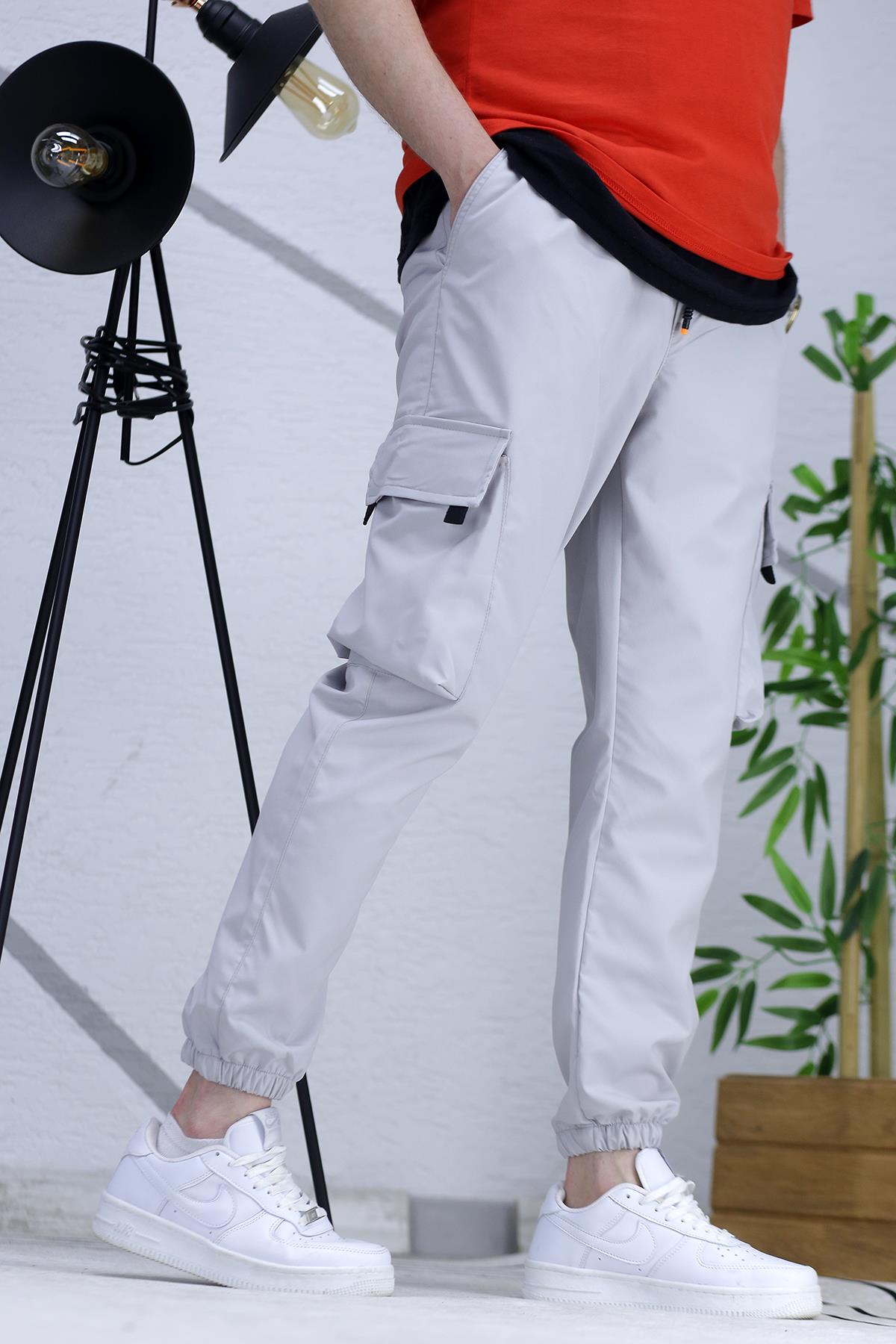 Erkek Jogger Kargo Cepli Paraşüt Pantalon (DAR KESİM) - Gri