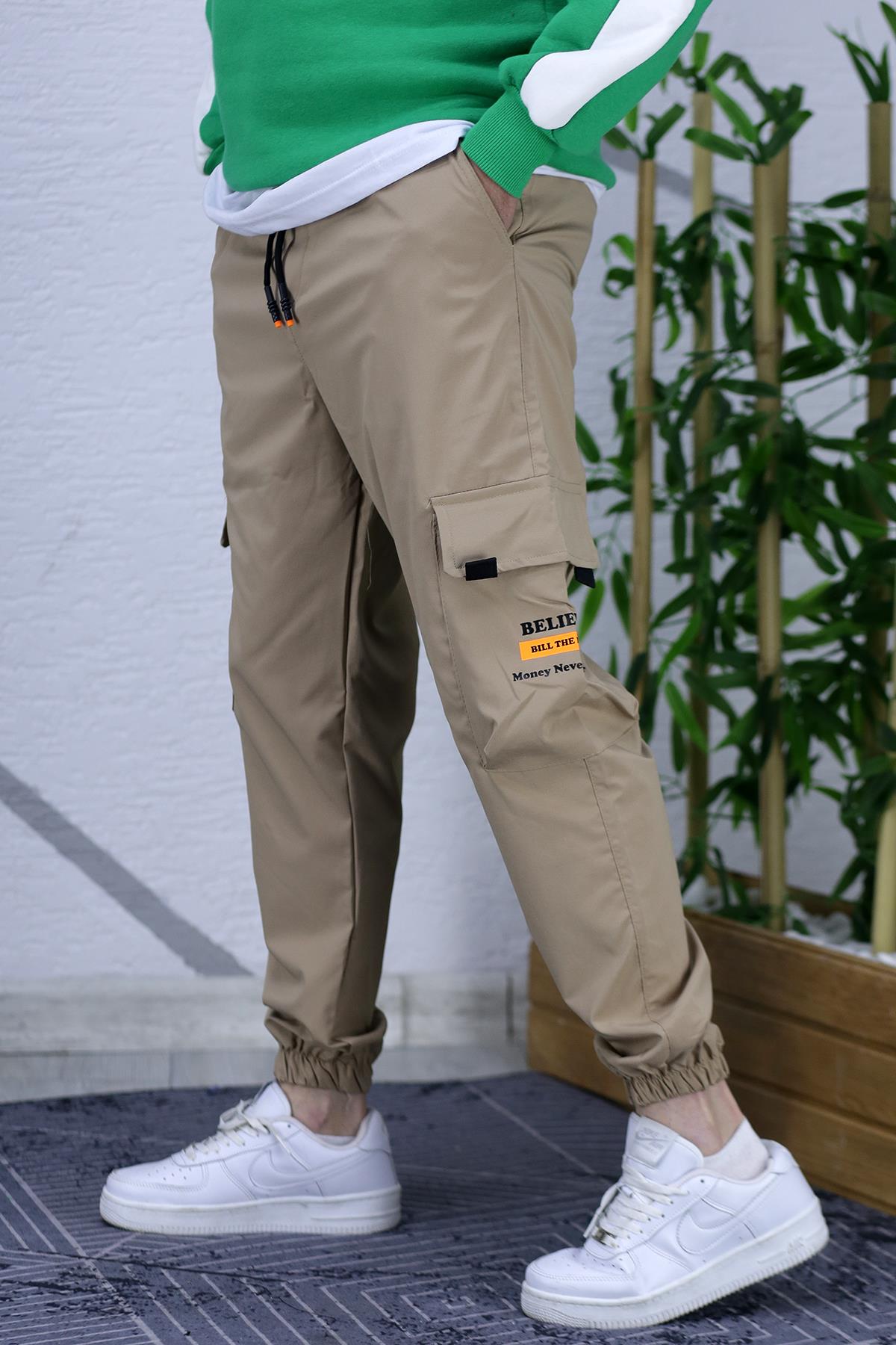 Erkek Jogger Kargo Cepli Paraşüt Pantalon (DAR KESİM) - Sütlü Kahve