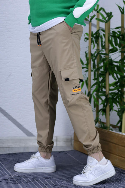 Erkek Jogger Kargo Cepli Paraşüt Pantalon (DAR KESİM) - Sütlü Kahve