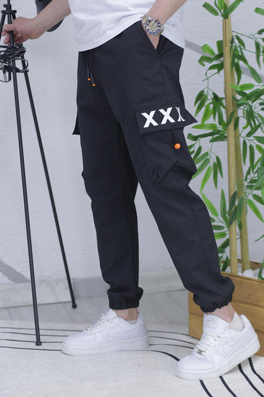 Erkek Jogger Paçası Lastikli Kargo Pantalon Xxx (DAR KESİM) - Siyah