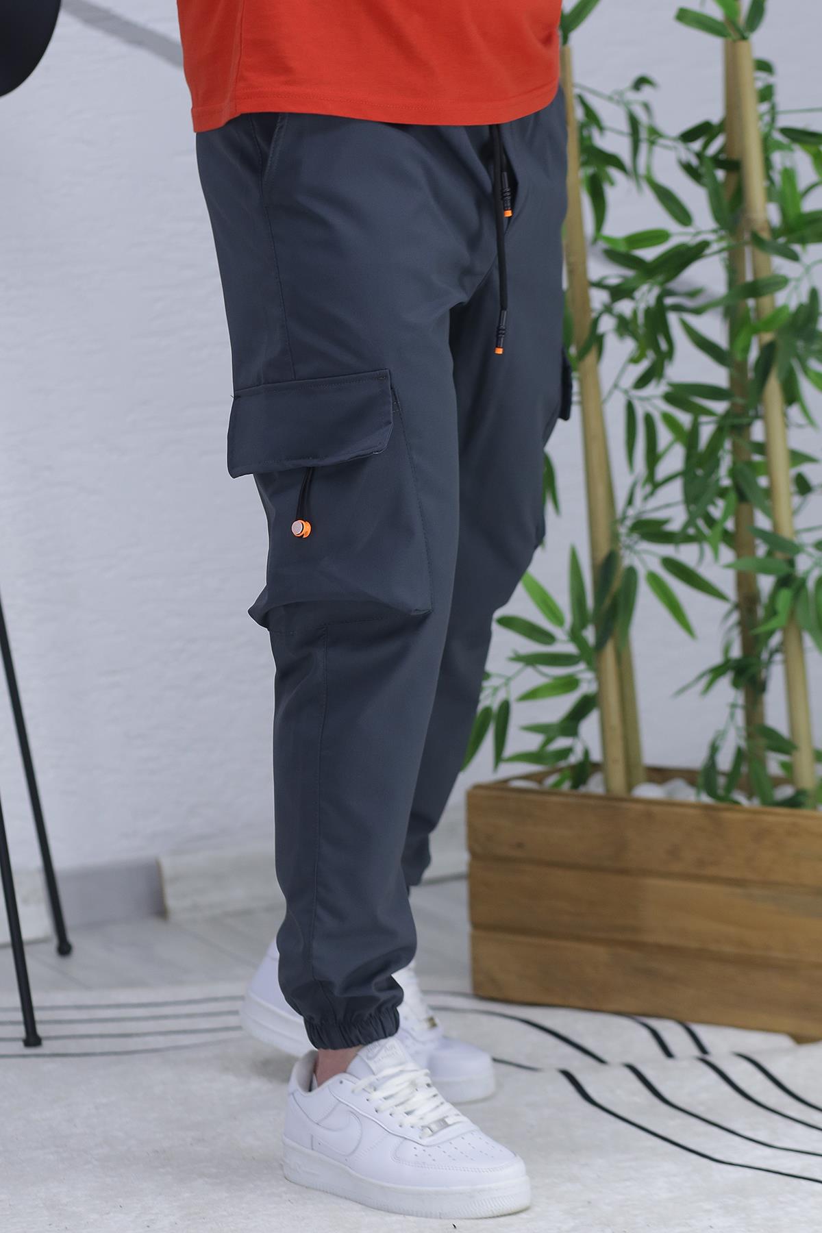 Erkek Jogger Paçası Lastikli Kargo Pantalon Xxx (DAR KESİM) - Füme