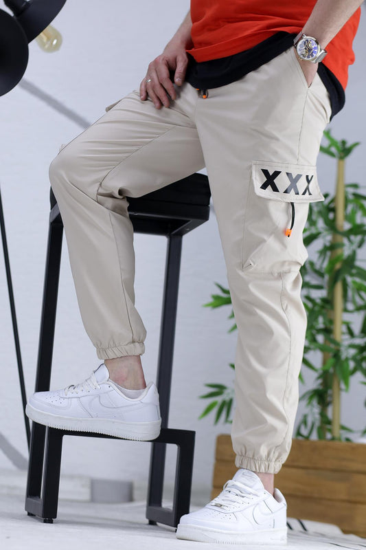Erkek Jogger Paçası Lastikli Kargo Pantalon Xxx (DAR KESİM) - Bej